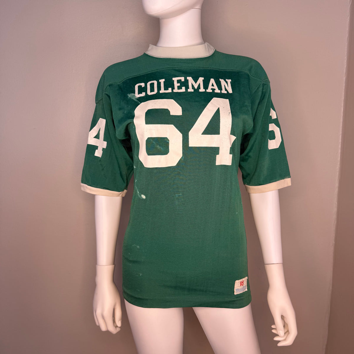 1970s Green Coleman Jersey, Champion Products Size 18, No 64, Distressed