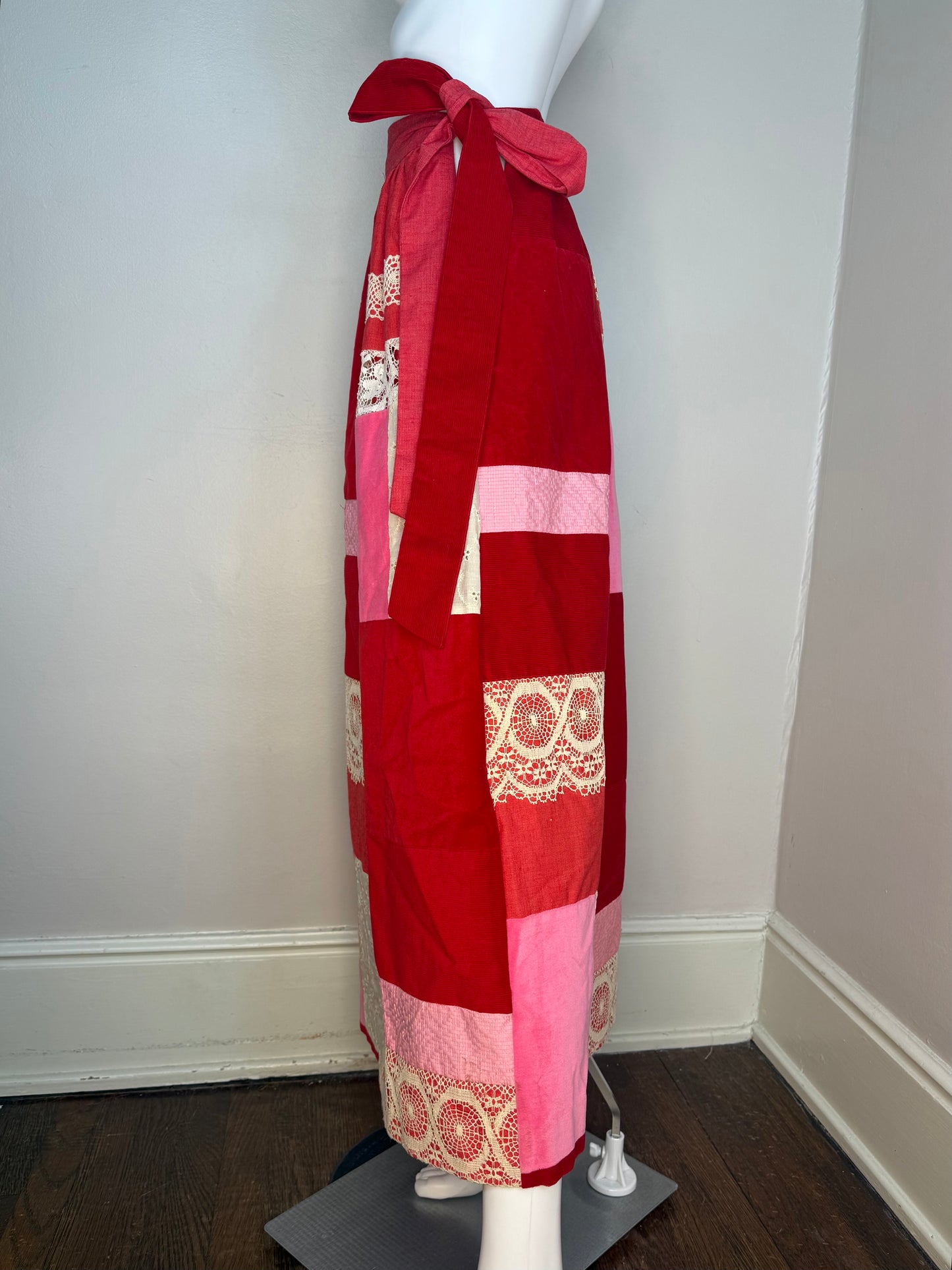 1970s Red and Pink Patchwork Maxi Skirt, Velvet, Lace, Size XXS