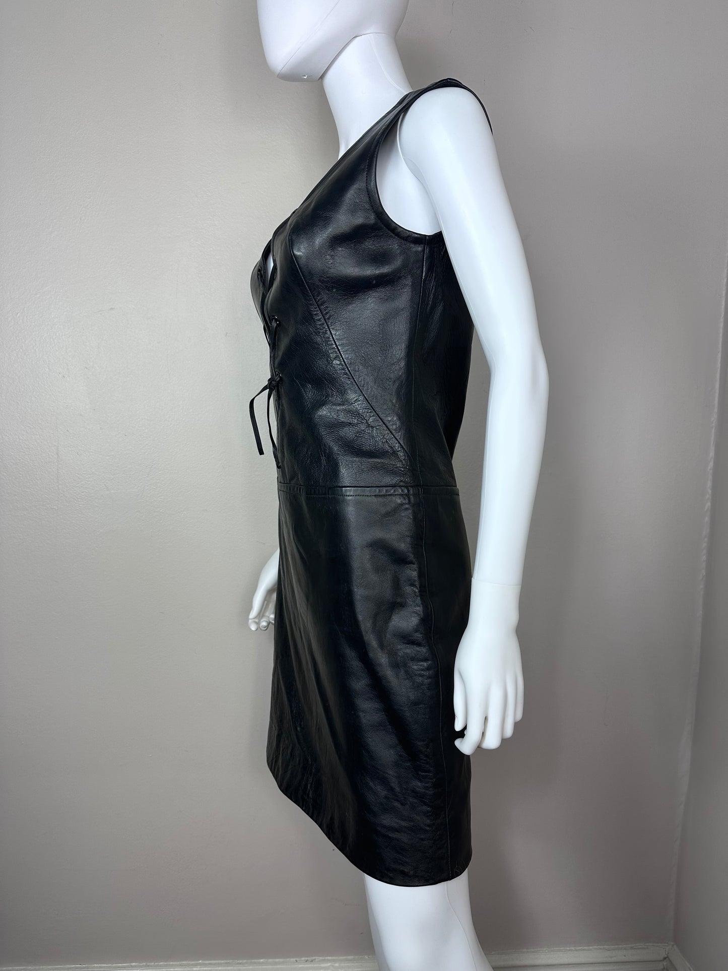 1960s Black Leather Mini Dress, Lace Up Plunging Neckline, Size Small