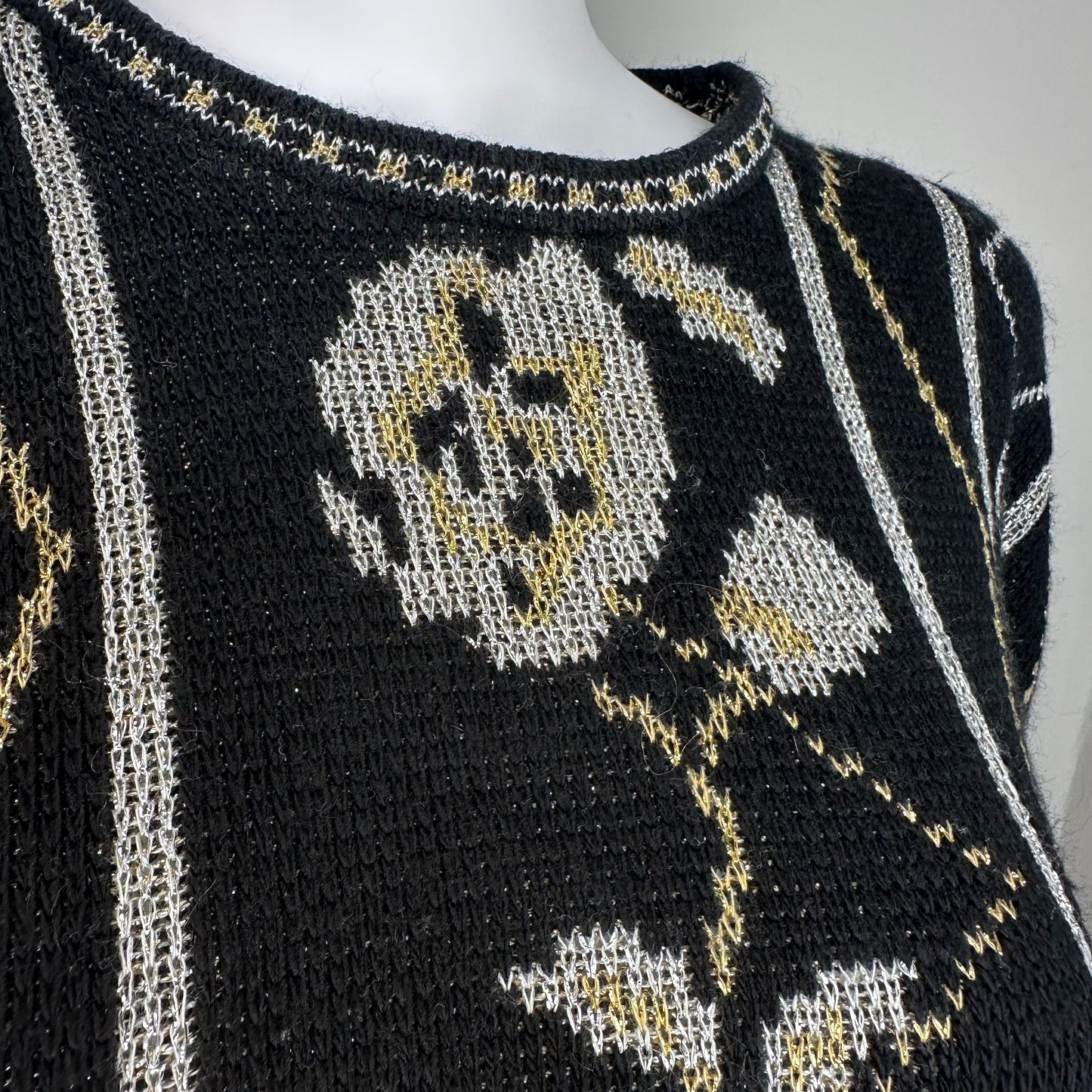 1980s Black Gold and Silver Metallic Floral Sweater, Dana Scott Size Medium