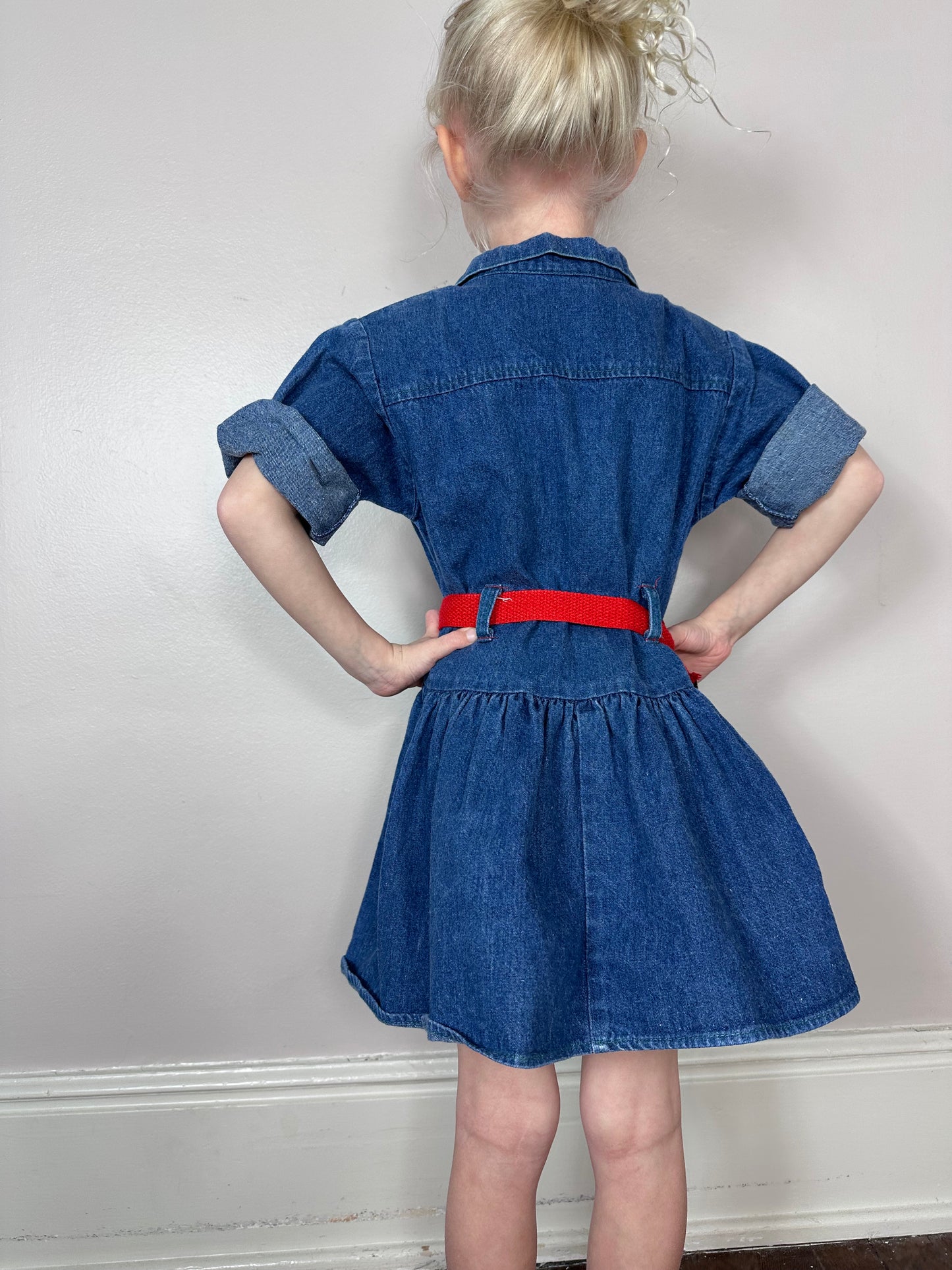 1980s Denim Dress with Red Belt, Oops Too California Size 6X