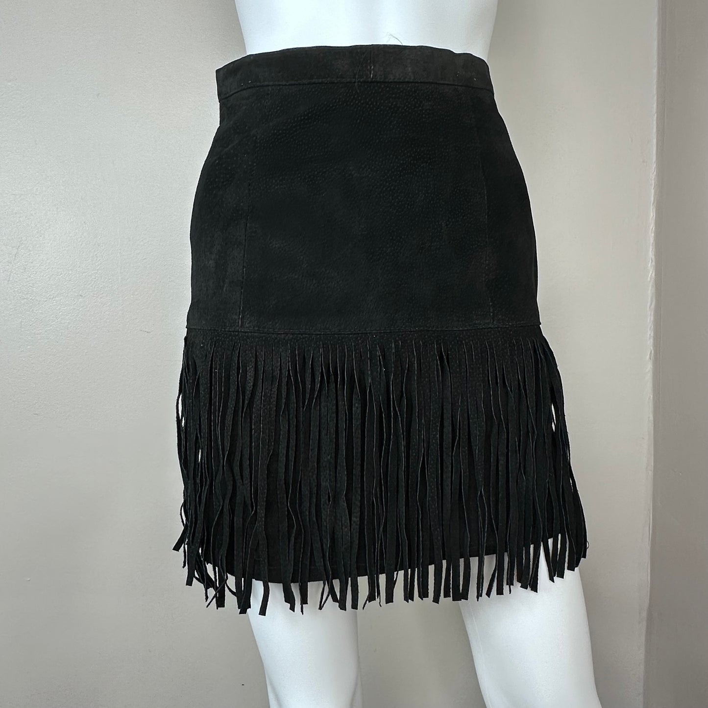 1980s Black Leather Mini Skirt with Fringe, S&U Leather Fashions Size XXS