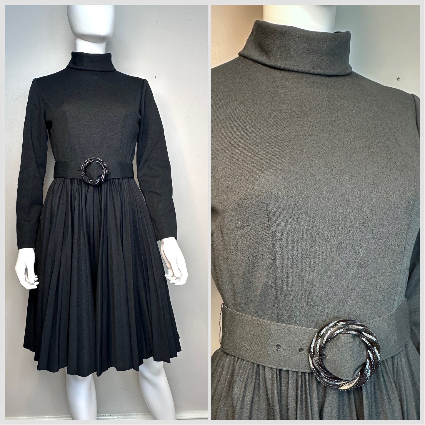 1970s Black Turtleneck Knee Length Dress with Full Pleated Skirt, Miss Marilyn of Dallas Size Small