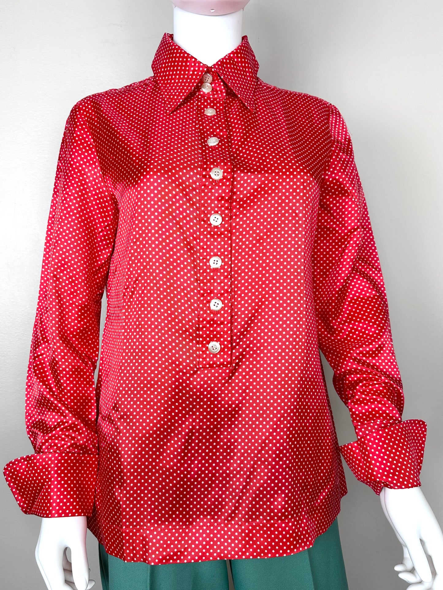 1960s Red and White Polka Dot Blouse, Size Medium, Pointed Collar, French Cuffs