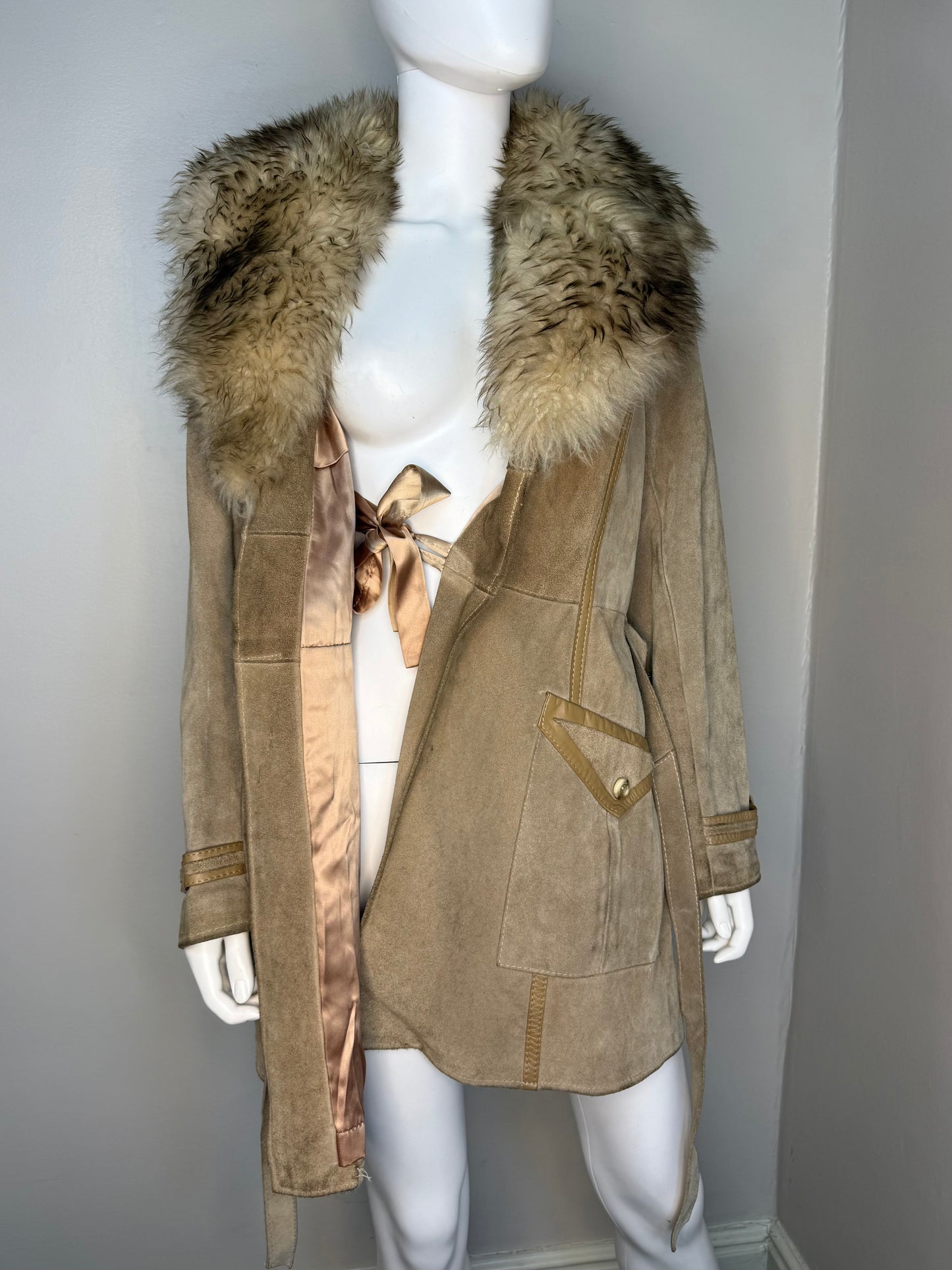 1970s Leather Coat with Lamb Fur Collar, Size Small, Penny Lane