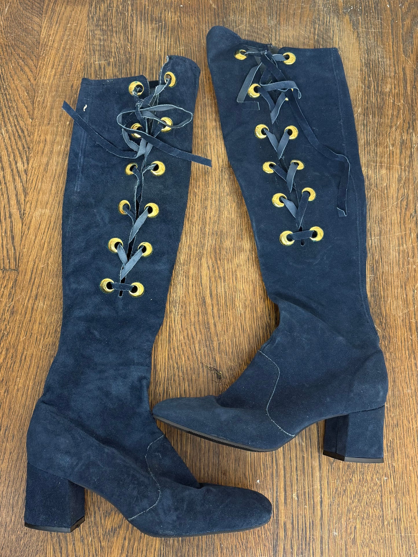 1960s/70s Navy Blue Leather Lace Up Go go Boots, Riviera’s Size 7 1/2 Narrow