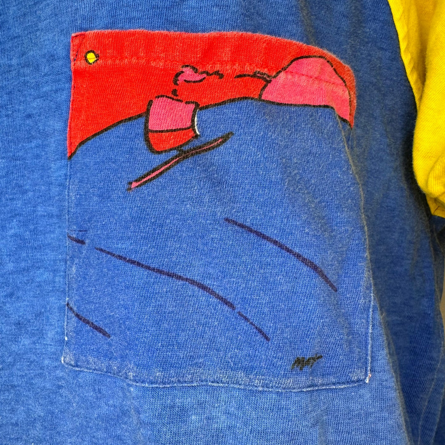 1980s Peter Max Color Block T-Shirt, Neo Max Size XL, Pink Sailboat Pocket