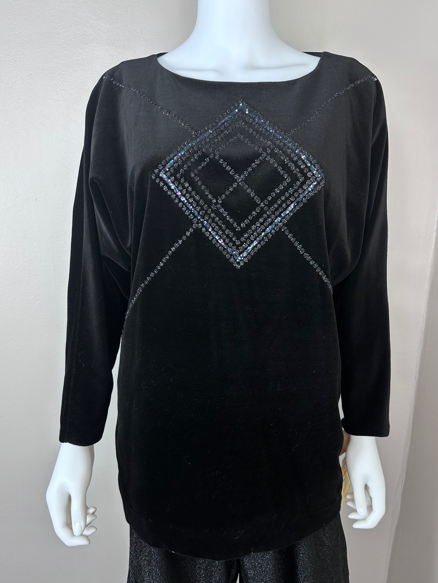 1970s Black Velvet Top with Glitter Design, Act III Size M/L, Deadstock with Tags