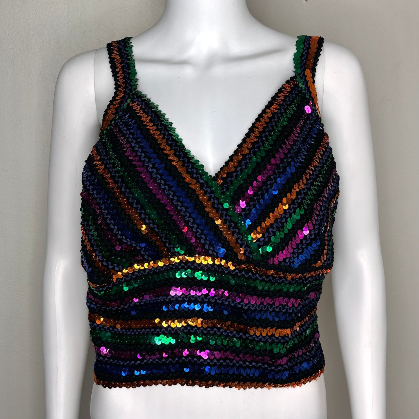 1970s/80s Disco Rainbow Sequin Tank Top, Size Large-XL