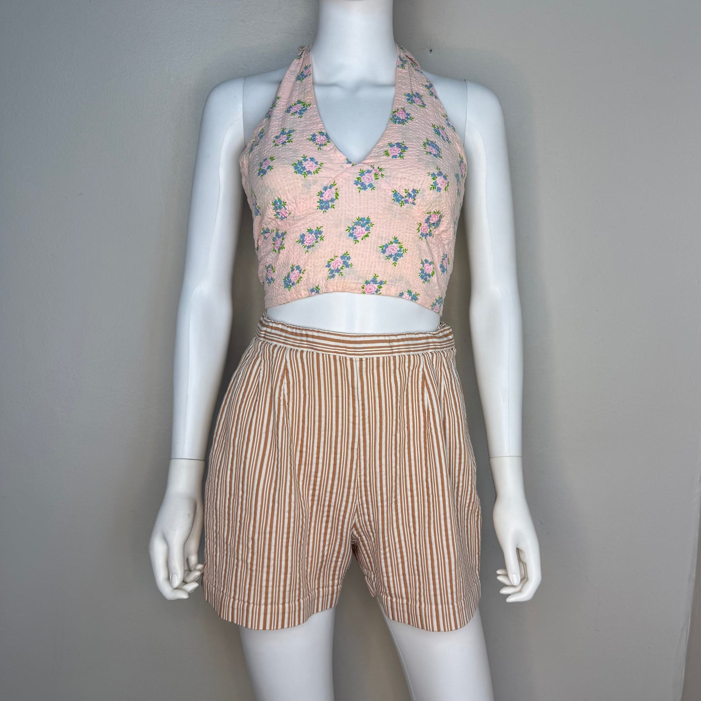 1950s Brown and White Stripe Side Zip Shorts, Size X-Small