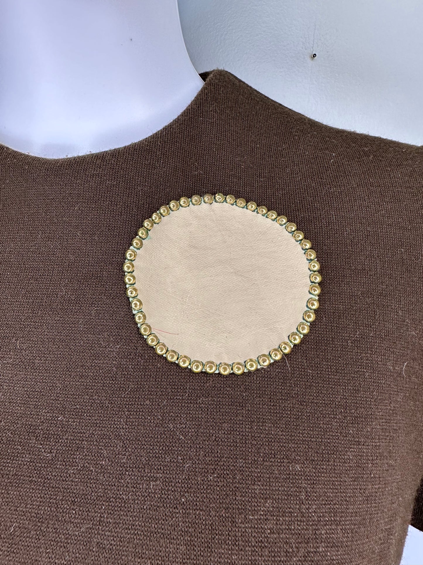 1960s Brown Mod Mini Dress, For J.P.’s Only! size Medium, Vinyl Circles with Studs