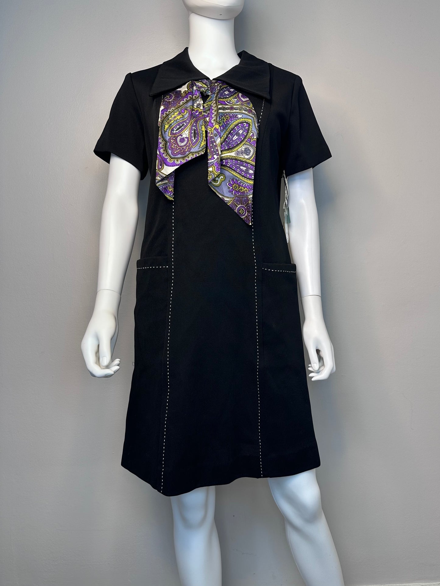 1960s Black Shift Dress with Purple Paisley Scarf Tie, Monarch Size Medium, Deadstock with Tags