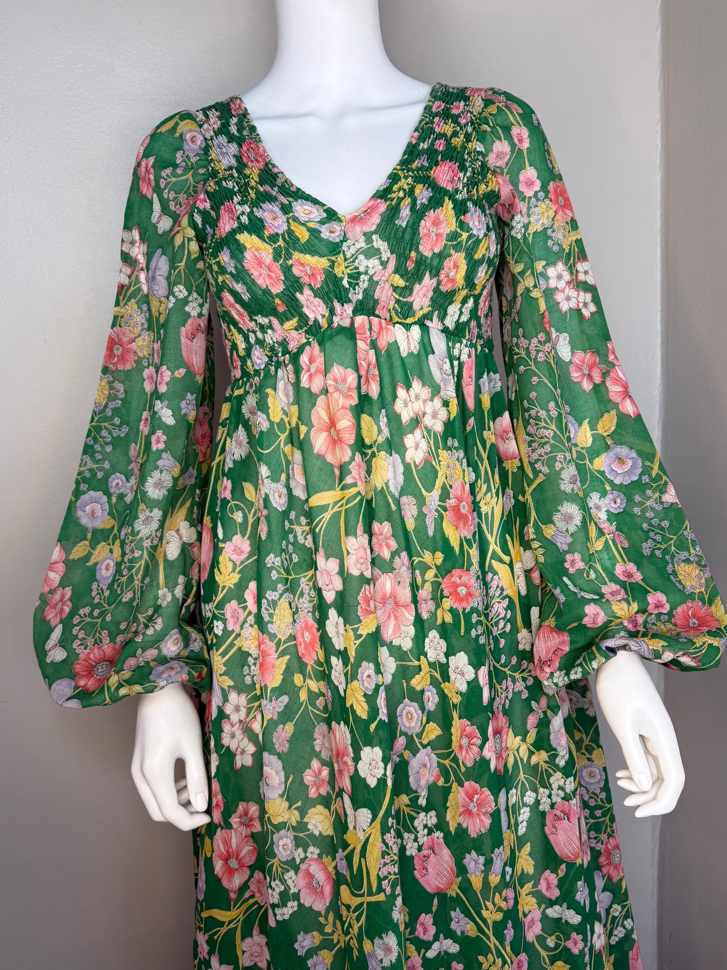 1970s Green Floral Maxi Dress, Denise Are There! Bonwit Teller, Size XS-Small Tall