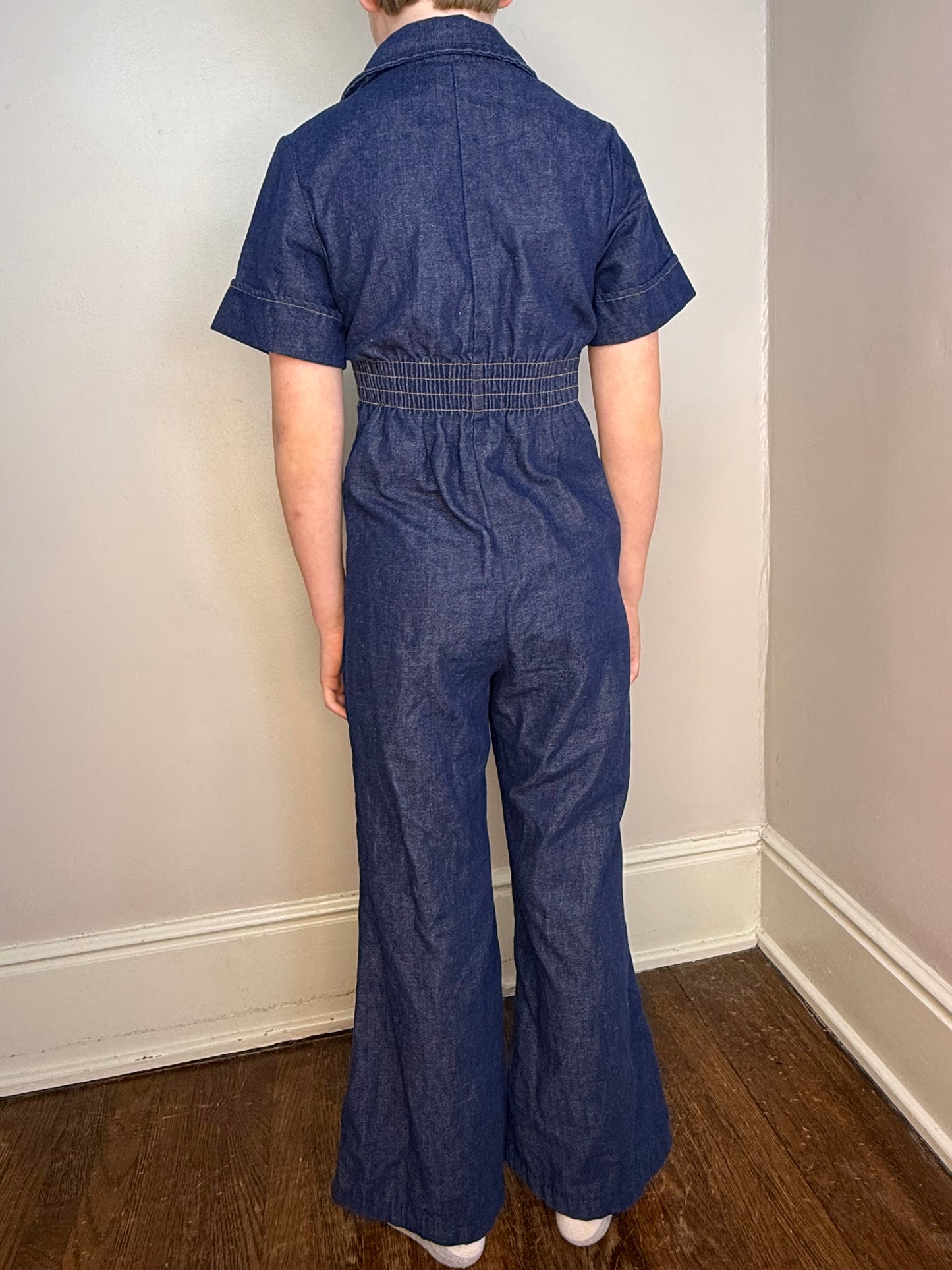 1970s Girl’s Denim Bellbottom Jumpsuit, Sears Growing Girl 10/12, Zip up with Zipper Trim