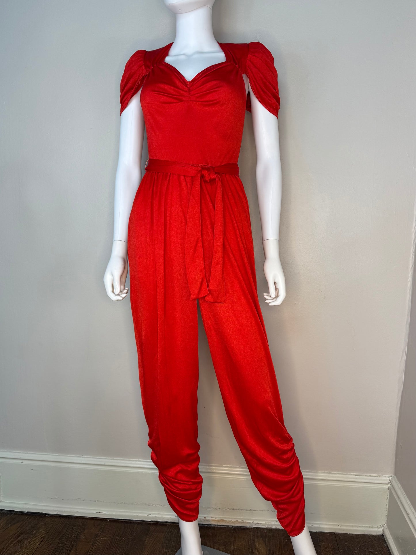 1970s/80s Red Disco Jumpsuit, Size XS/Small, Shiny, Ruching, Open Back