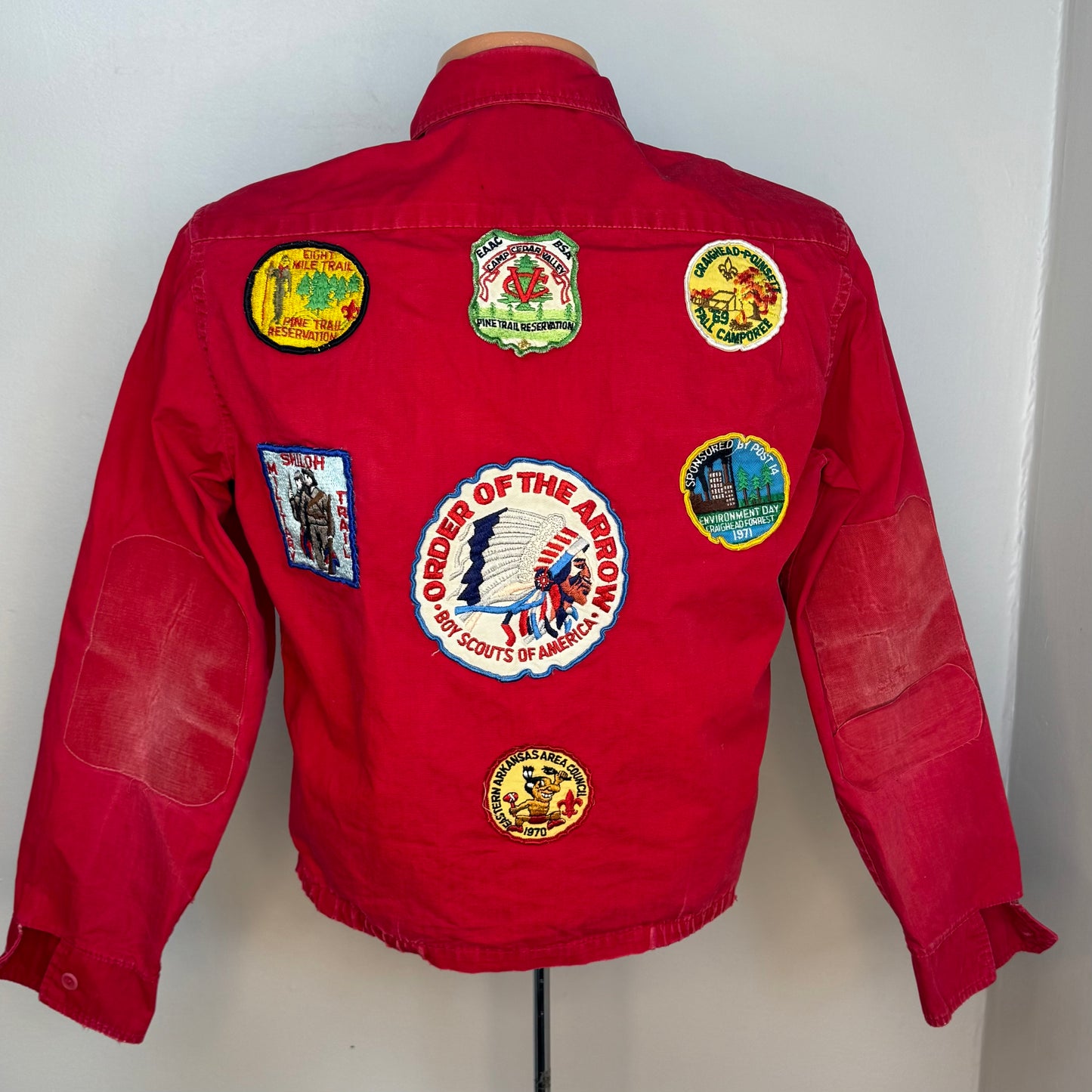 1960s Boy Scouts of America Red Jacket with 60s/70s BSA Camp Patches, Size Small, Order of the Arrow, Distressed