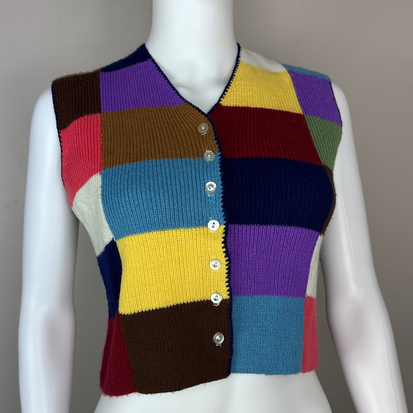 1970s Rainbow Patchwork Sweater Vest, Lilly of California Size S/M