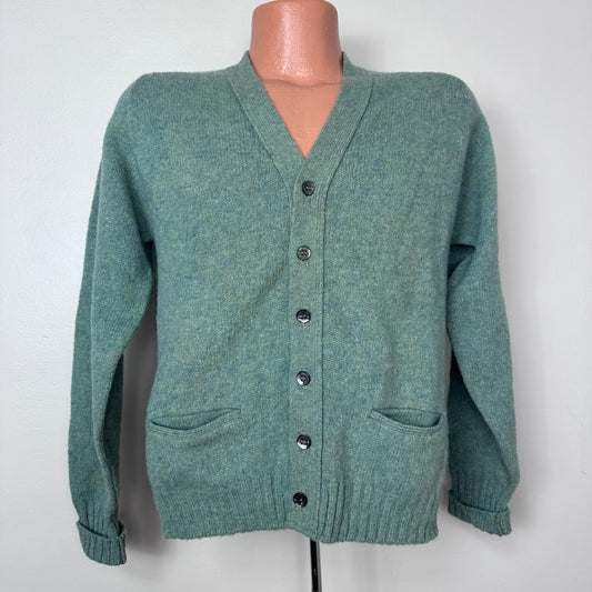 1960s Green Wool Cardigan Sweater, Alps Shetland Size Small, Oak Hall Memphis Cambridge Shop