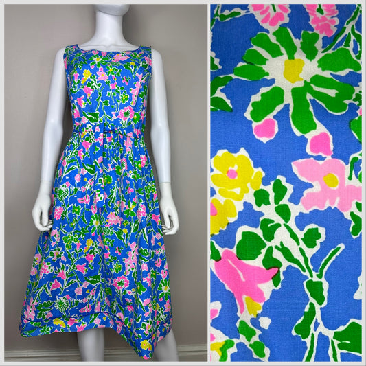 1980s Blue Floral Dress, Sea Waves Sundress Size Medium