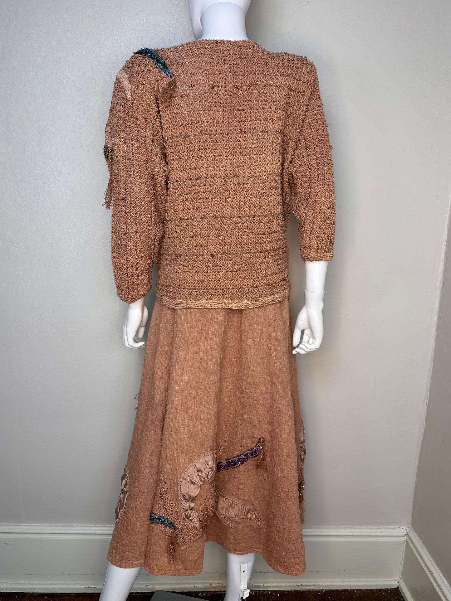 1980s Mocha Sweater and Skirt Set, Principe di Capri Size Small-Medium, 3D Appliqué, Wearable Art