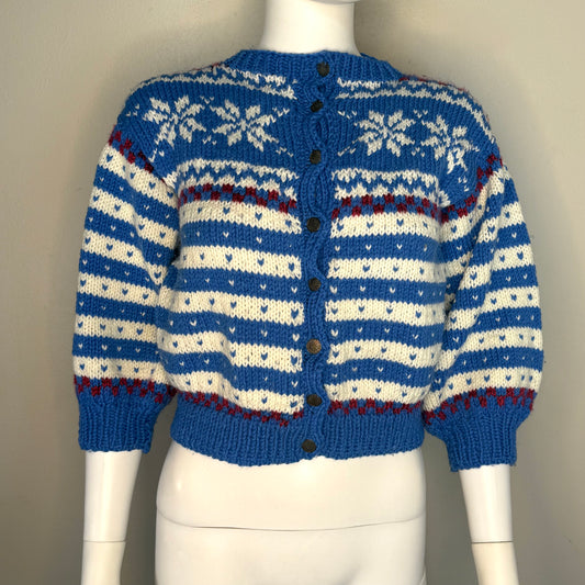 1960s/70s Hand Knit Snowflake Cardigan Sweater with Pewter Buttons, Size X-Small