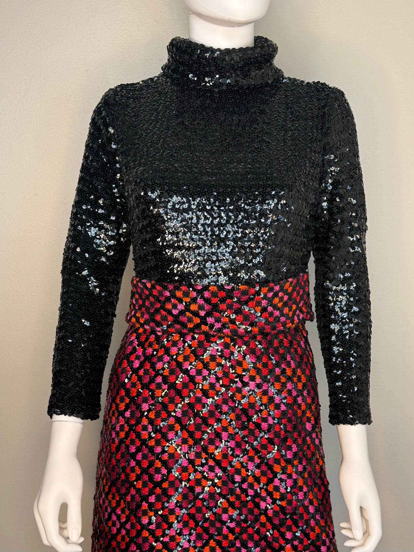 1970s Sequin Maxi Dress, Calderon Size X-Small, Black and Red Orange and Pink Check