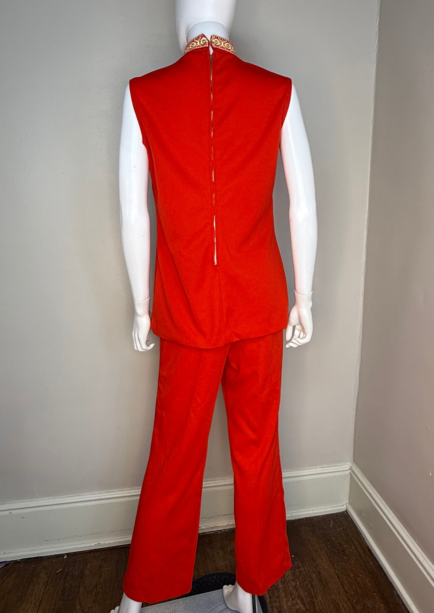 1960s/70s Mod Red Pant Suit, Sleeveless Top and Pants, Polyester Double Knit with Rainbow Trim, Size Medium