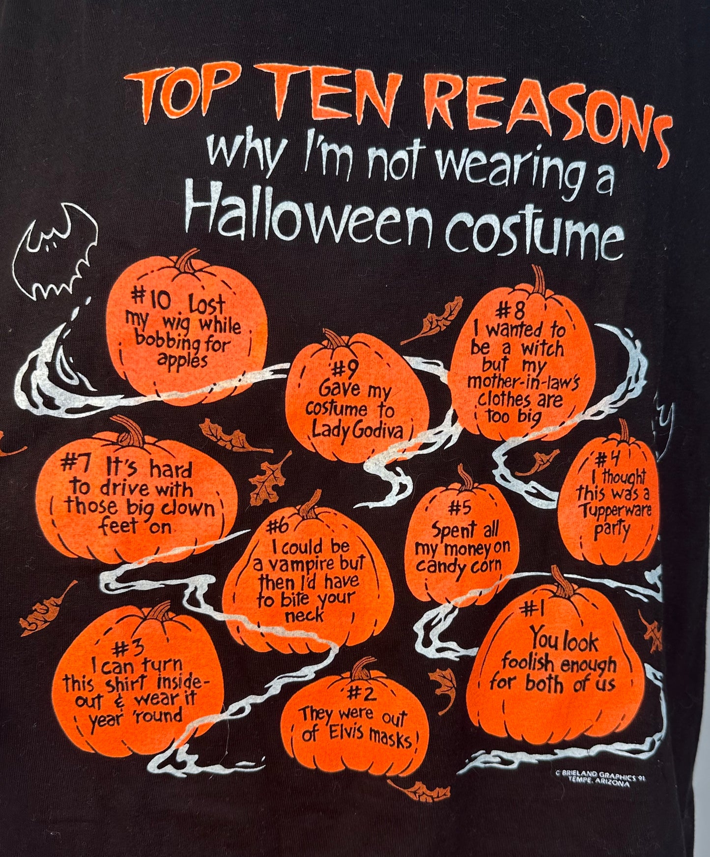 1990s Halloween Glow in the Dark T-Shirt, Brieland Graphics Size Large, Top 10 Reasons Why I’m Not Wearing a Costume, Deadstock with Tag