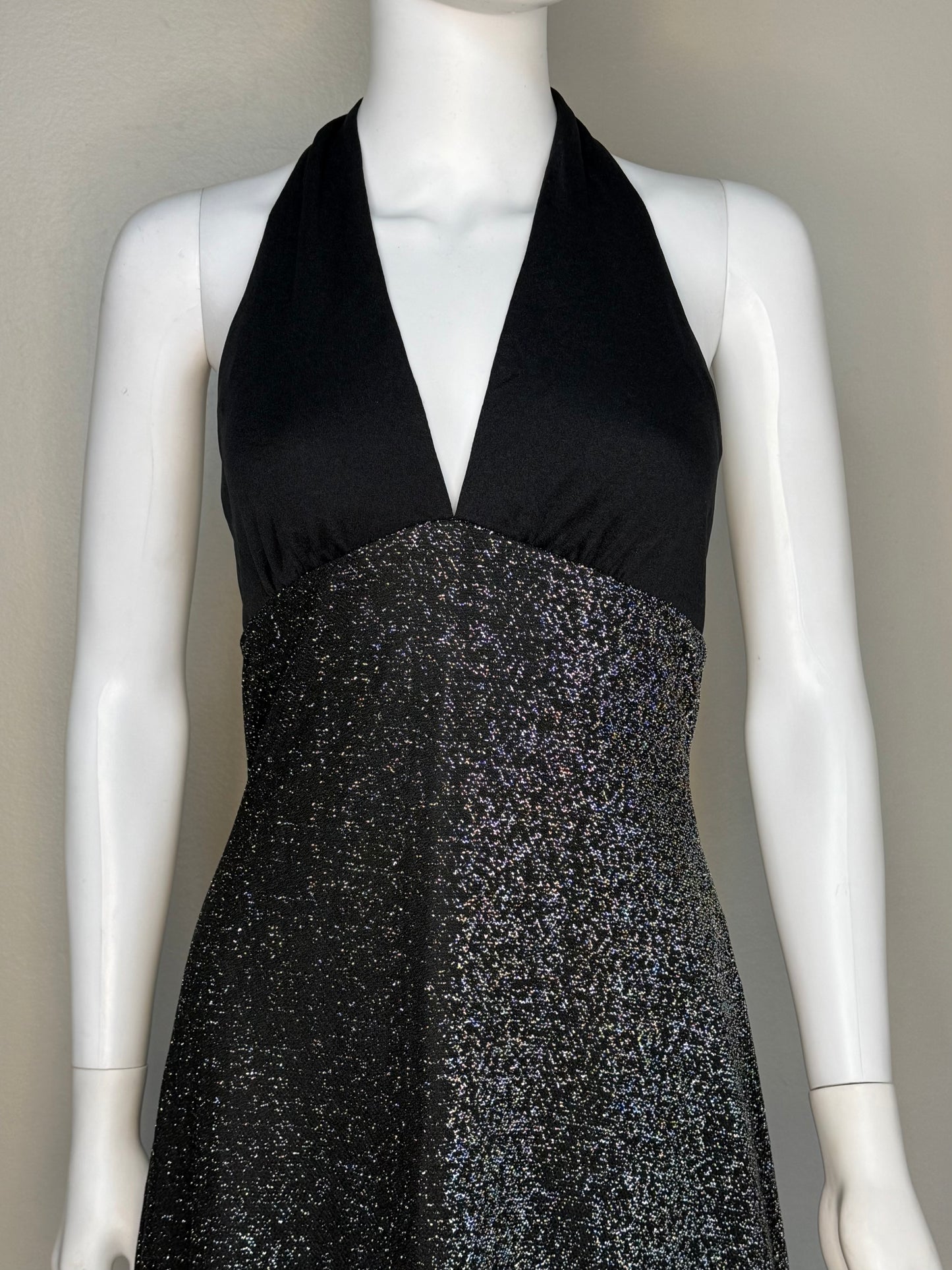 1970s Black and Silver Lurex Halter Maxi Dress with Coverlet, Tie Front Blouse, Corky Craig Size XS