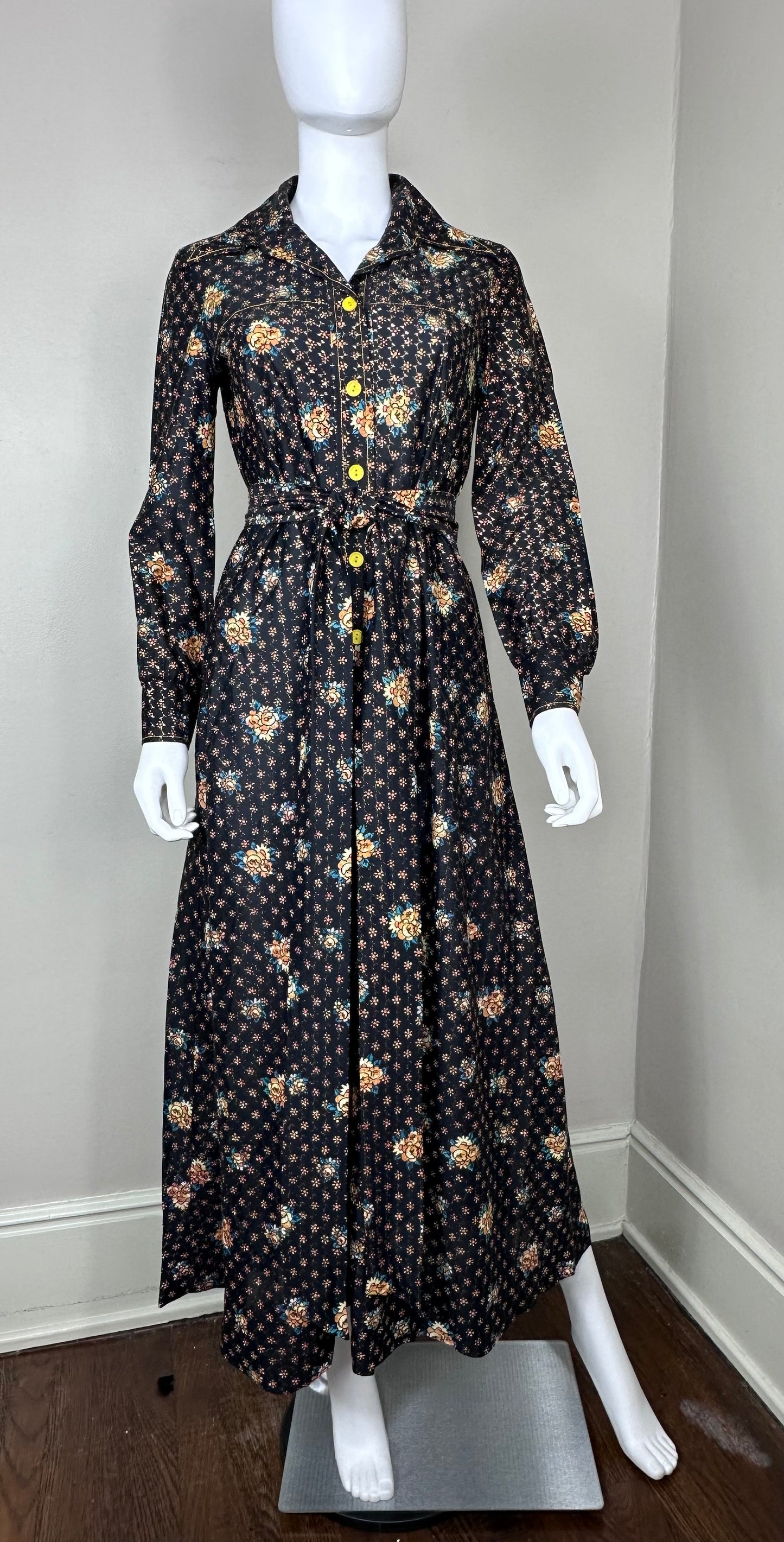 1970s Black Floral Maxi with Gold Lurex Thread, Nancy Valentine Size Medium