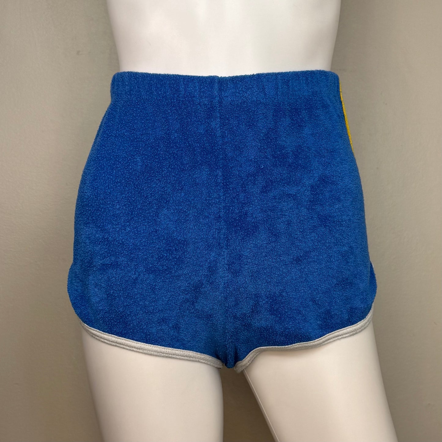 1970s Blue Terry Cloth Shorts with Yellow Side Stripes, Sears Jr Bazaar Size X-Small