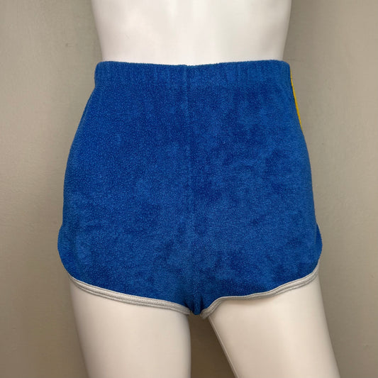 1970s Blue Terry Cloth Shorts with Yellow Side Stripes, Sears Jr Bazaar Size X-Small