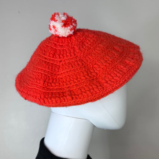 1970s Orange Knit Beret with Pom Pom, Handmade