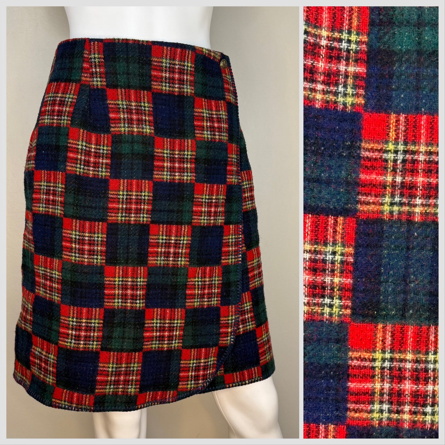 Vintage 1990s Plaid Wrap Skirt, Eleanor Colton Size Medium, Wool Blend