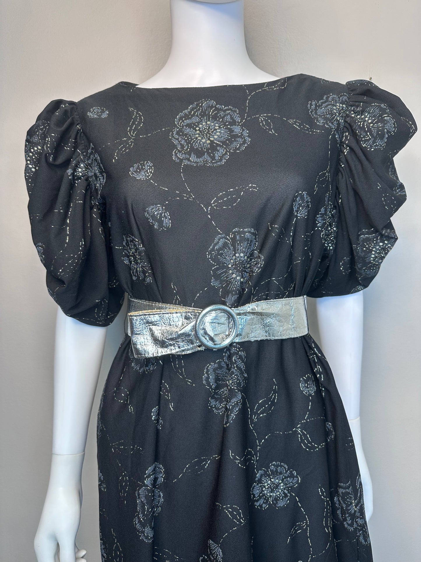 1980s Black Silver Sparkle Floral Dress, Size Large, Puffy Sleeves, Silver Belt