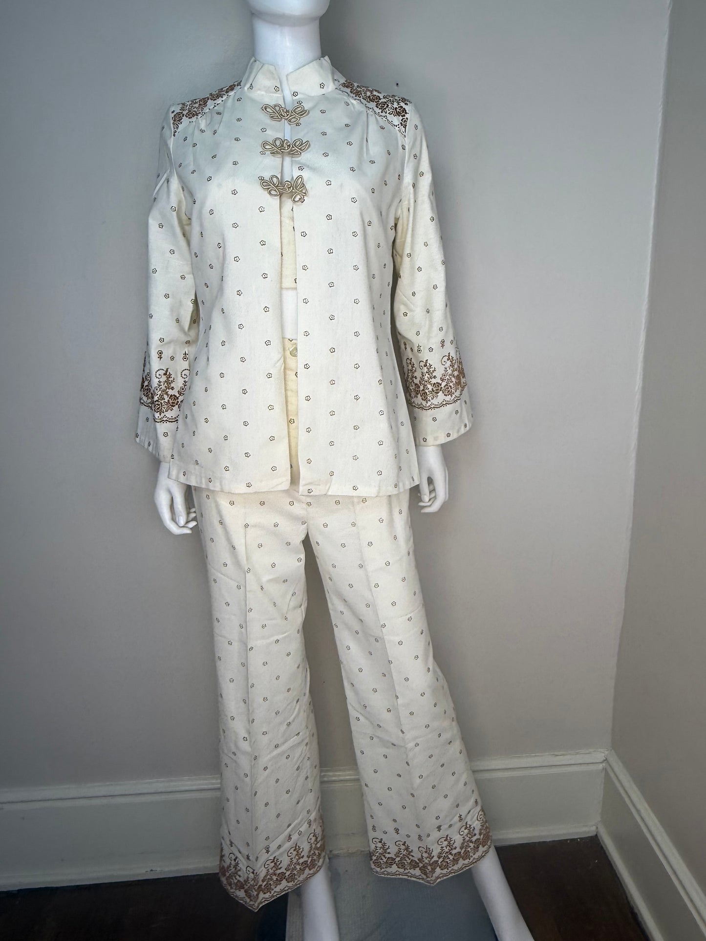 1970s 3 Piece Pant Suit, Cream and Brown Flocked Floral Border Print, Halter Top, Slacks, Asian Inspired Shirt Jacket, JC Penney Fashions Size XS/Small