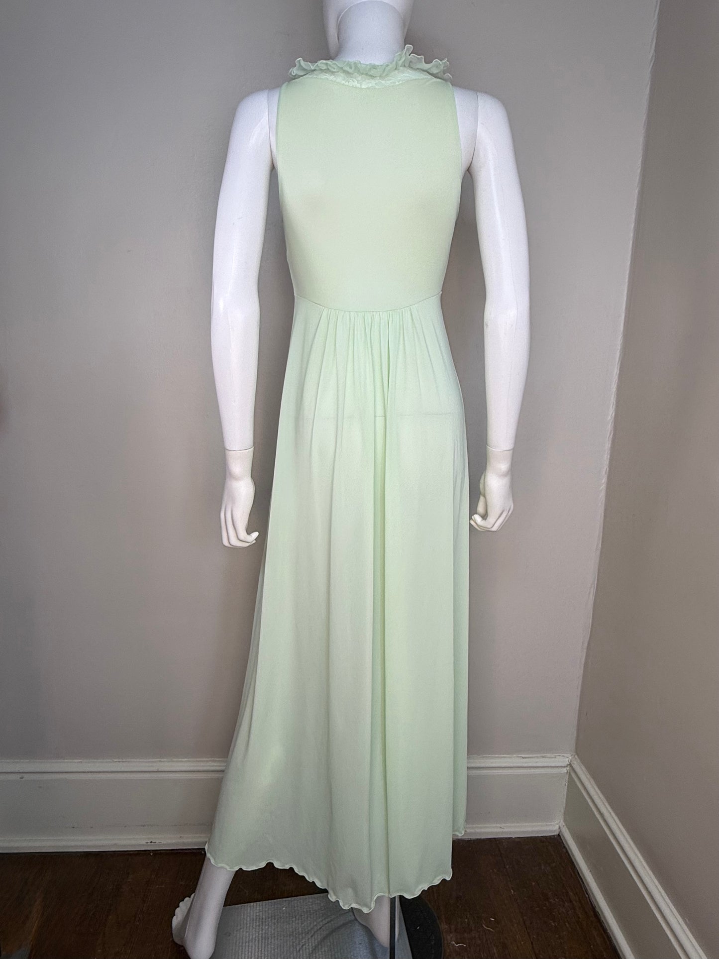 1970s Sheer Pastel Green Nightgown with Floral Embroidery, Shadowline Petite XS/Small, Mint, Nylon