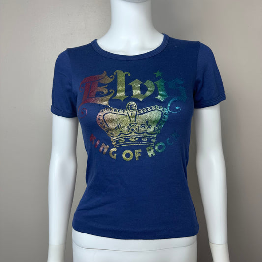 1970s Elvis Presley French Cut T-Shirt, Size XS, King of Rock Rainbow Glitter Transfer, Femme
