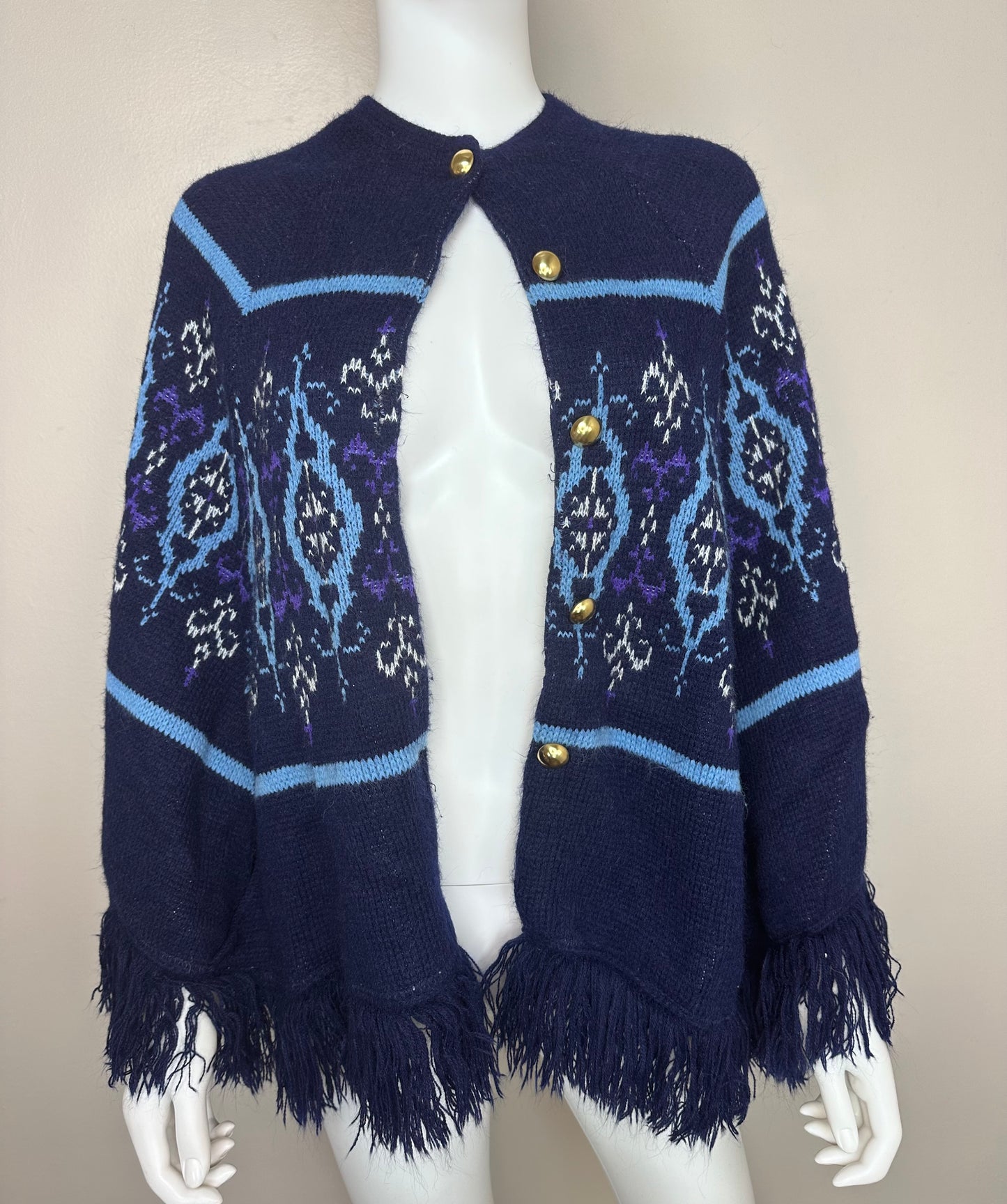 1970s Blue Intarsia Knitted Cape, Sturbridge, Poncho