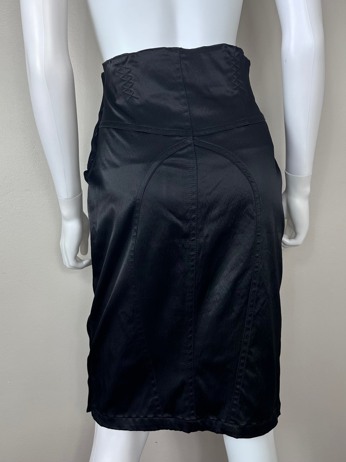 1980s Black Satin Pencil Skirt, Marithe Francois Girbaud Closed Size Small, Bondage and Lingerie Inspired