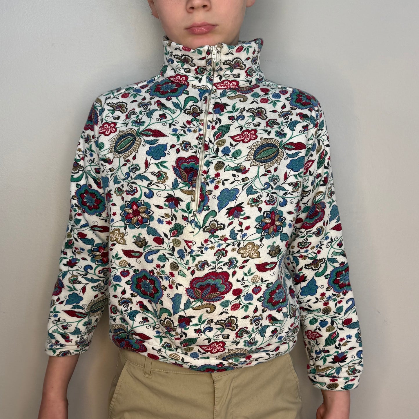 1960s Girls’ Floral Print Sweatshirt, Half Zip, Karinda of California Size 8