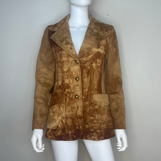 1970s Brown Studded Blazer Jacket, Luv In Size Small, Ice Dye Look