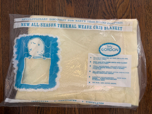 1960s Baby Gordon Thermal Weave Crib Blanket with Satin Binding, Pastel Yellow Cotton, New in Package