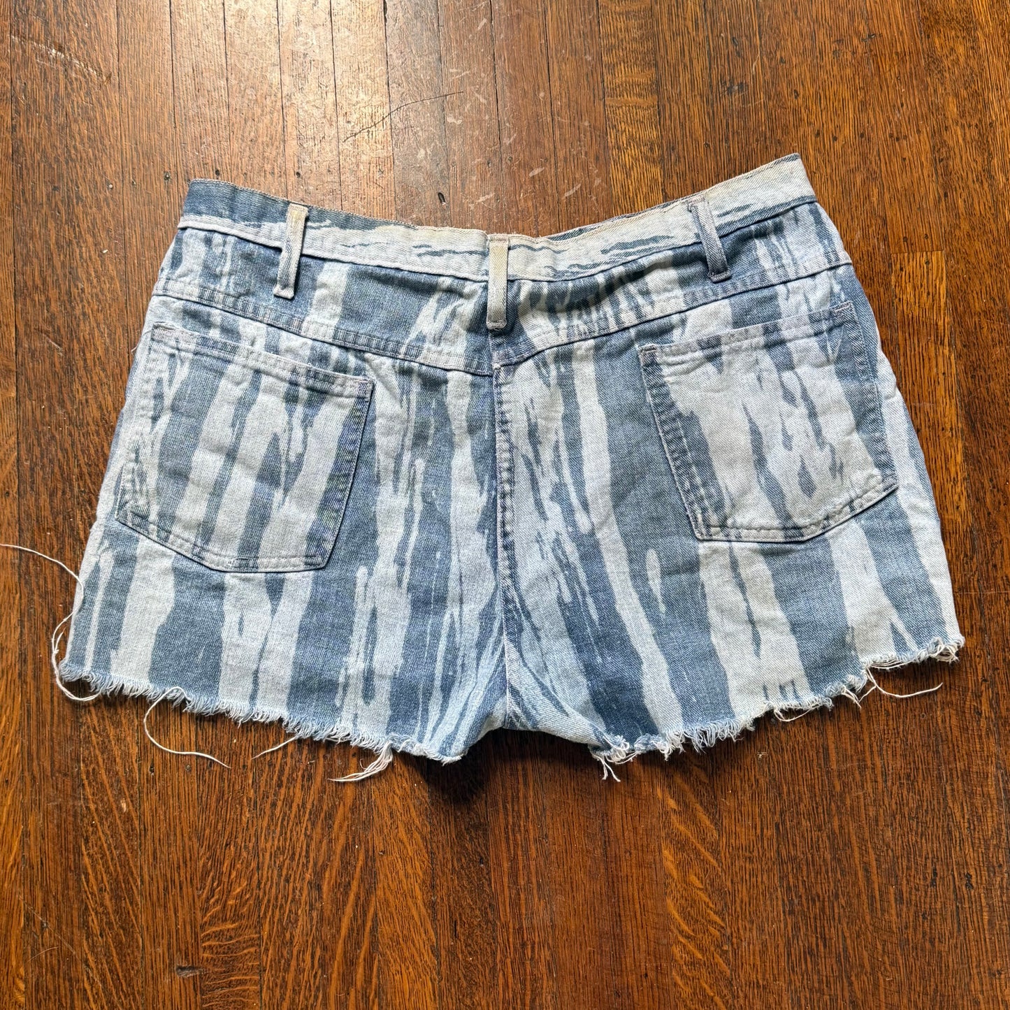 1970s Denim Shorts, Cut Off Jeans, Bleached Zebra Stripe, 35" Waist, Distressed