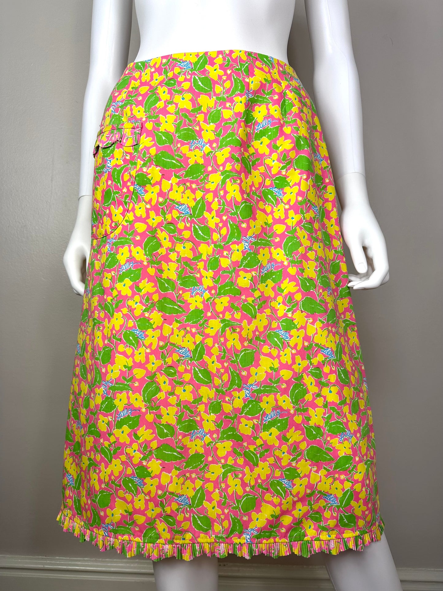 1970s The Lilly Yellow and Pink Floral Skirt, Lilly Pulitzer Size XS/S