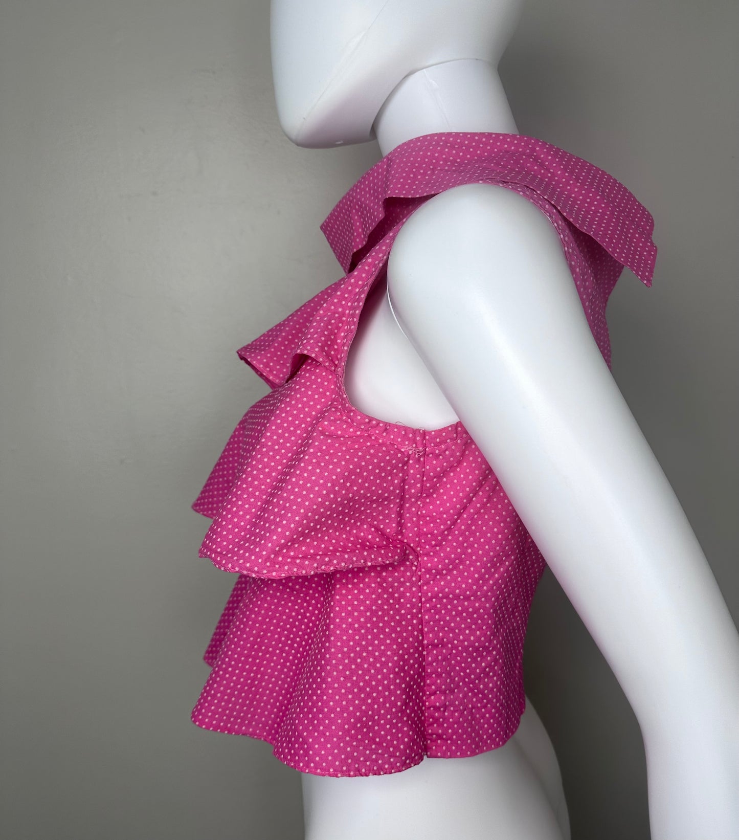 1960s Bright Pink Swiss Dot Ruffle Blouse, Size Medium