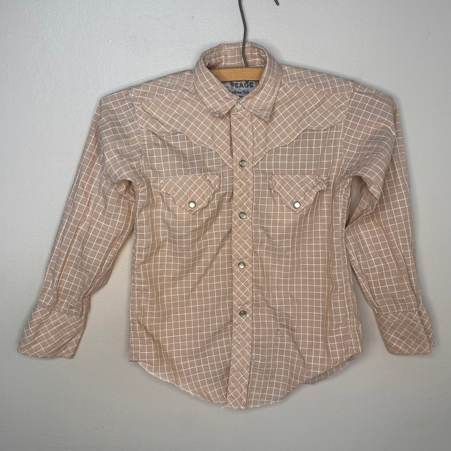 1970s Kids Tan and White Grid Western Shirt, Sand and Sage Western Wear Size 6/7, Pearl Snap