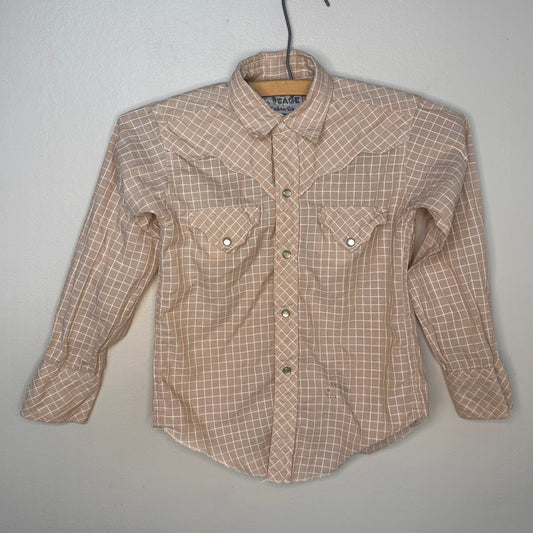 1970s Kids Tan and White Grid Western Shirt, Sand and Sage Western Wear Size 6/7, Pearl Snap