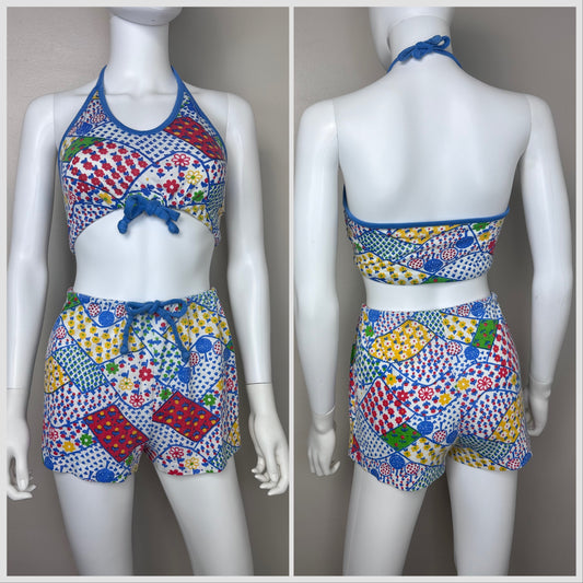 1970s Floral Patchwork Print Knit Halter Top and Shorts Set, Sears Jr Bazaar Size XS