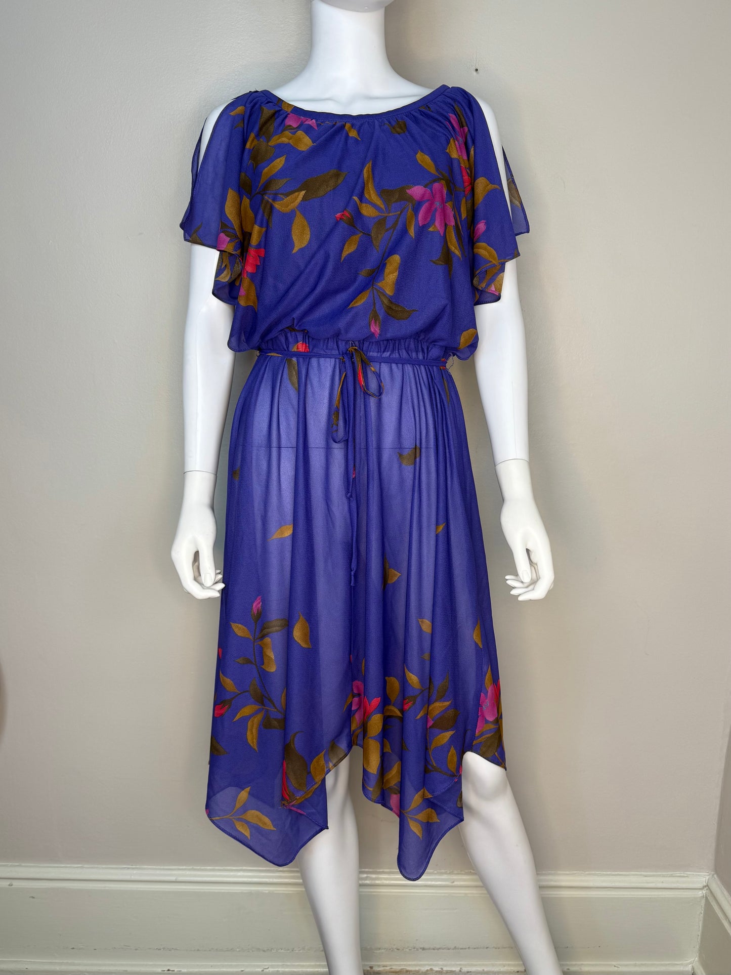 1980s Sheer Purple Floral Dress, Handkerchief Hem, Tabby of California Size S/M